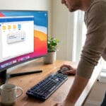 A person using a computer at a desk with a curved monitor, keyboard, mouse, two plants, and a coffee mug.