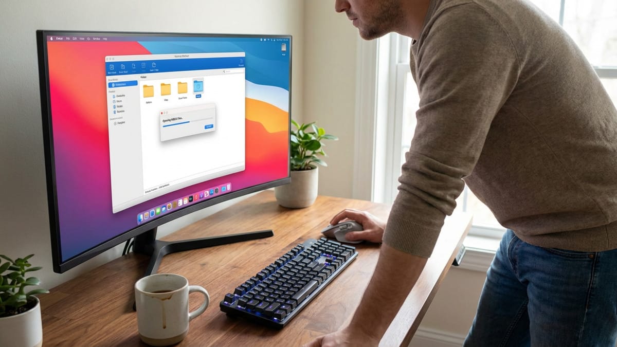 A person using a computer at a desk with a curved monitor, keyboard, mouse, two plants, and a coffee mug.