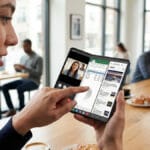 A woman uses a foldable smartphone to video call and view a spreadsheet in a modern café.