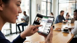 A woman uses a foldable smartphone to video call and view a spreadsheet in a modern café.