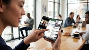 A woman uses a foldable smartphone to video call and view a spreadsheet in a modern café.