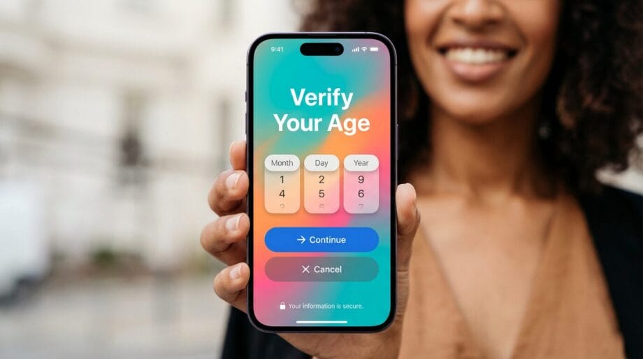 A person holds a smartphone displaying a colorful age verification screen with date entry options and continue and cancel buttons.