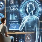 A person sits at a desk facing a large digital screen displaying AI-generated career advice and suggestions.