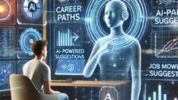 A person sits at a desk facing a large digital screen displaying AI-generated career advice and suggestions.