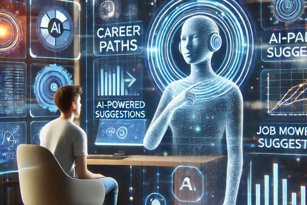 A person sits at a desk facing a large digital screen displaying AI-generated career advice and suggestions.