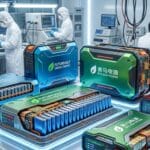 Technicians in a lab test advanced battery packs labeled for green energy and eco-power, with charts displayed on nearby monitors.