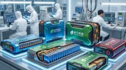 Technicians in a lab test advanced battery packs labeled for green energy and eco-power, with charts displayed on nearby monitors.
