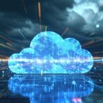 A digital cloud icon with binary code, glowing on a circuit board, represents cloud computing and data technology.