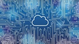 Illustration of a cloud icon at the center of a blue circuit board background representing cloud computing technology.
