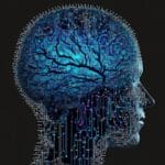 A digital illustration of a human head in profile with a brain depicted as blue branches and circuits integrated throughout.