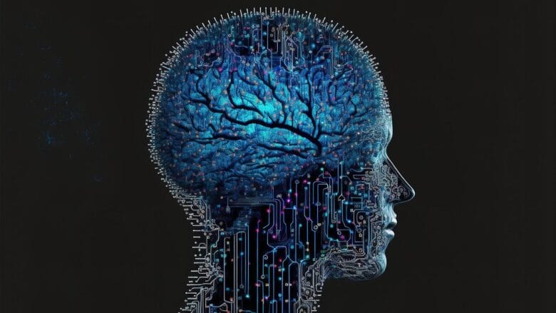 A digital illustration of a human head in profile with a brain depicted as blue branches and circuits integrated throughout.