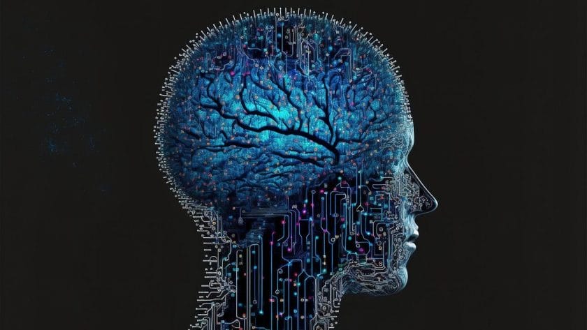 A digital illustration of a human head in profile with a brain depicted as blue branches and circuits integrated throughout.