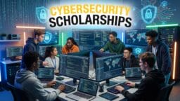 Students working at computers in a high-tech lab with Cybersecurity Scholarships text displayed above them.