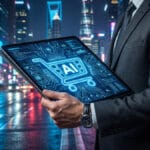 A person in a suit holds a tablet displaying an AI shopping cart graphic on a city street at night with neon lights.