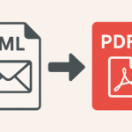 An EML file icon with an arrow pointing to a PDF file icon, representing email conversion to PDF format.