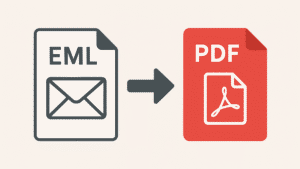 An EML file icon with an arrow pointing to a PDF file icon, representing email conversion to PDF format.