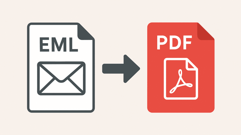 An EML file icon with an arrow pointing to a PDF file icon, representing email conversion to PDF format.