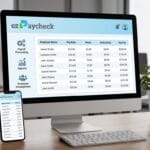 Computer and smartphone display a payroll summary with employee names, pay rates, hours, deductions, and net pay in an office setting.