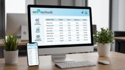 Computer and smartphone display a payroll summary with employee names, pay rates, hours, deductions, and net pay in an office setting.
