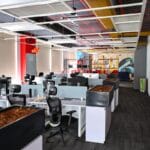 Modern open-plan office with empty desks, black chairs, indoor planters, and colorful walls, decorated with balloons.