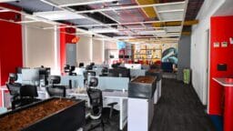 Modern open-plan office with empty desks, black chairs, indoor planters, and colorful walls, decorated with balloons.