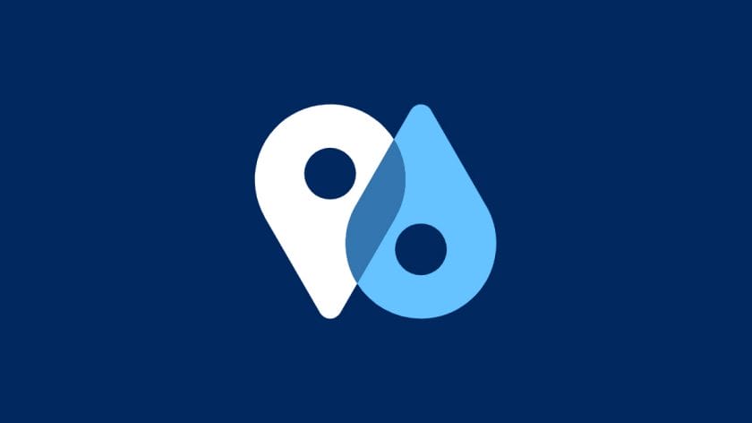 A white map pin icon of GeoPostcodes.com website overlapping with a blue water droplet icon, both featuring circular cutouts, on a dark blue background.