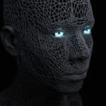 A digital rendering of a human head made of black wireframe mesh with glowing blue eyes on a dark background.
