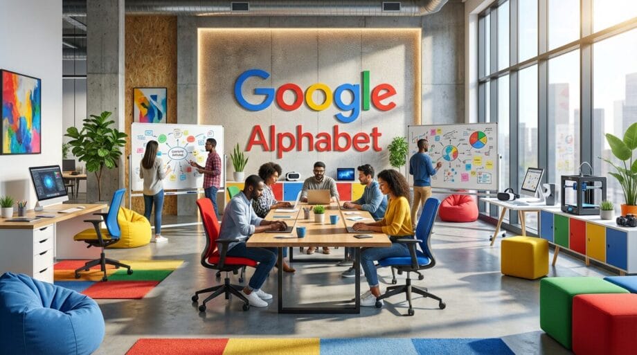 Modern office space with people collaborating at tables and whiteboards, featuring large Google and Alphabet logos on the wall.