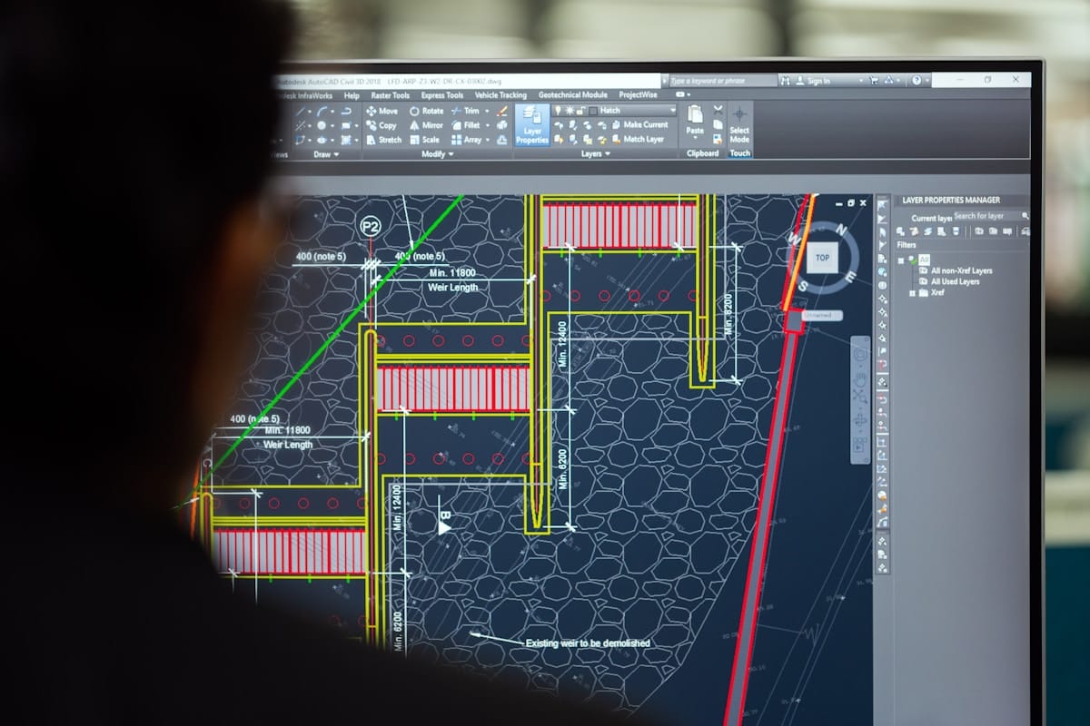 A person looks at a computer screen displaying architectural blueprints in a CAD software program.