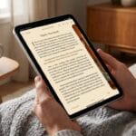 A person sits on a couch, holding a tablet and reading an e-book with a knitted blanket covering their lap.