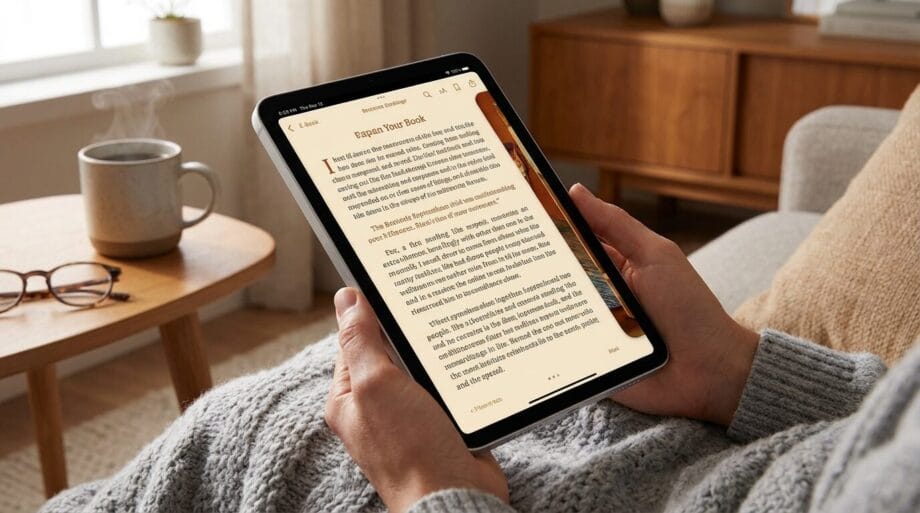 A person sits on a couch, holding a tablet and reading an e-book with a knitted blanket covering their lap.