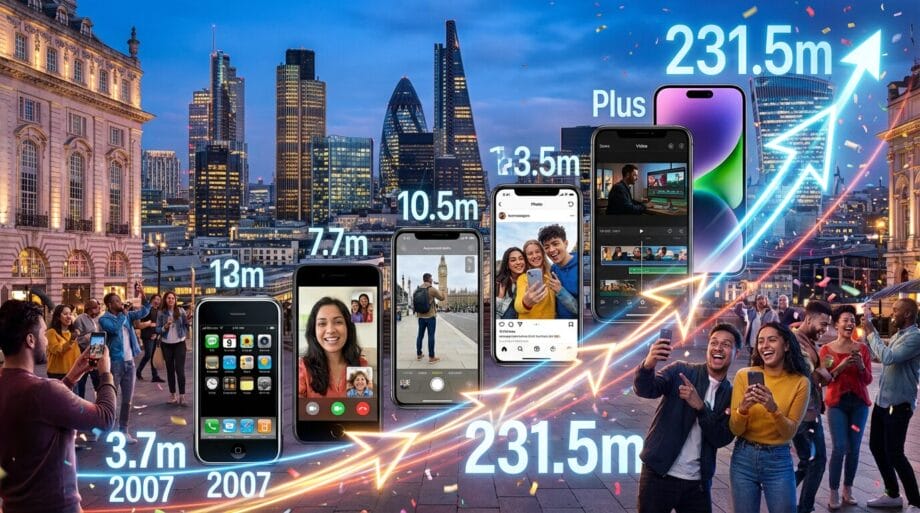 People taking selfies in a city, with images showing the evolution and increasing sales of iPhones from 2007 to 2023, reaching 231.5 million units.