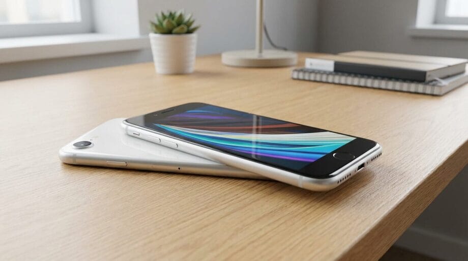Two smartphones are stacked on a wooden desk next to a notebook, lamp, and small potted plant.