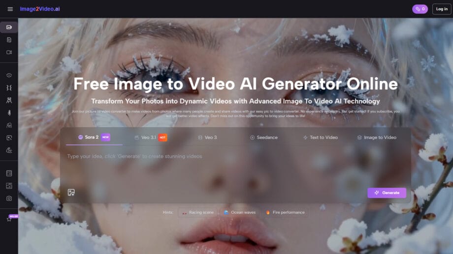 Image to Video AI website homepage with a close-up of a face behind flowers, advertising a free AI image-to-video generator with various options and a Generate button.