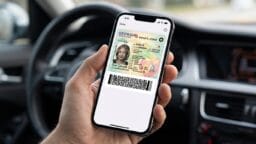 A person holds a smartphone displaying a digital Georgia driver’s license inside a car.