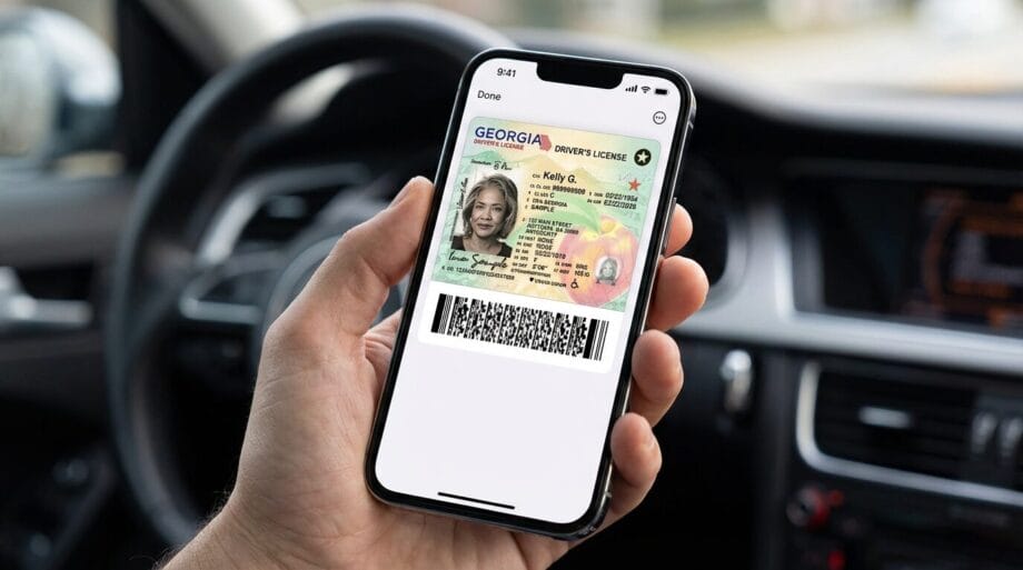 A person holds a smartphone displaying a digital Georgia driver’s license inside a car.