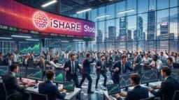 Busy stock trading floor with people working at computers and large digital screens showing charts and iSHARE Stock in a city office.