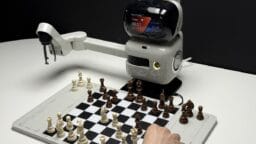 A person plays chess against a robotic arm with a display showing game information on a white table.
