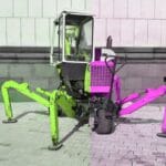 A pink and black picture of a pink tractor