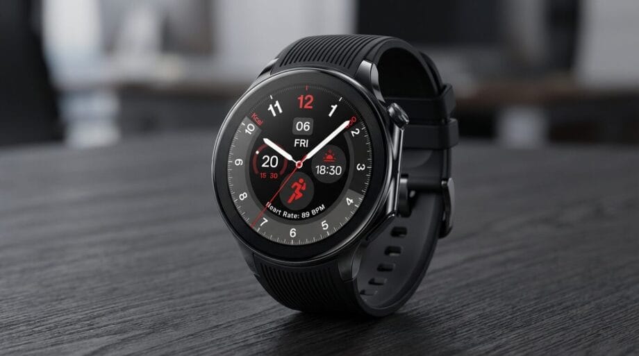 A black smart watch displaying the time, date, heart rate, and various fitness tracking features rests on a table.