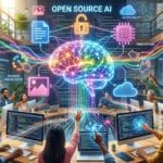 People collaborate in a modern office with digital screens displaying an open source AI brain and related icons for innovation and accessibility.