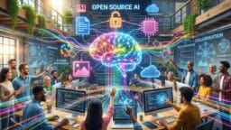 People collaborate in a modern office with digital screens displaying an open source AI brain and related icons for innovation and accessibility.