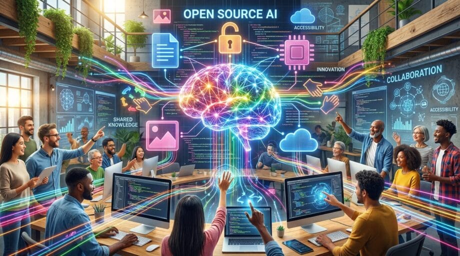 People collaborate in a modern office with digital screens displaying an open source AI brain and related icons for innovation and accessibility.