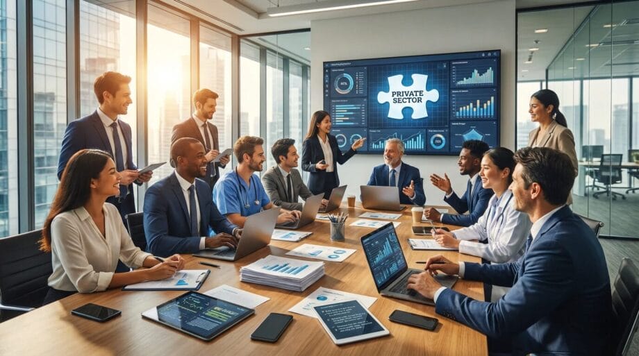 A diverse group of professionals hold a meeting around a conference table with laptops and charts; screens display business data and &ldquo;Private Sector.&rdquo;.