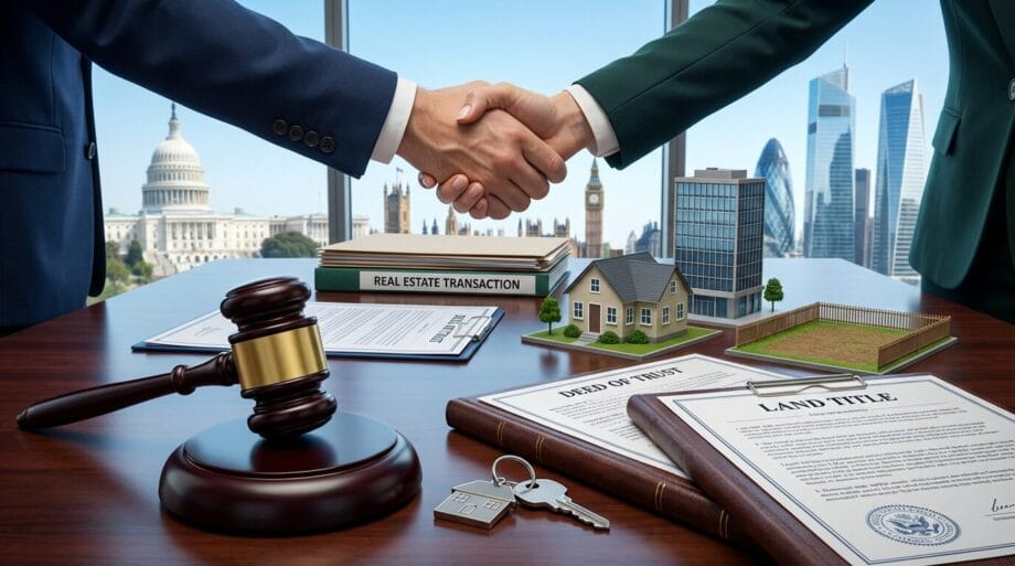 Two people shake hands over real estate documents, a gavel, keys, and model properties, with city landmarks in the background.