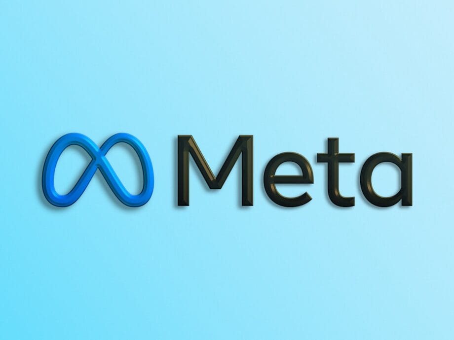 The Meta logo with a blue infinity symbol and the word Meta in black text on a light blue background.