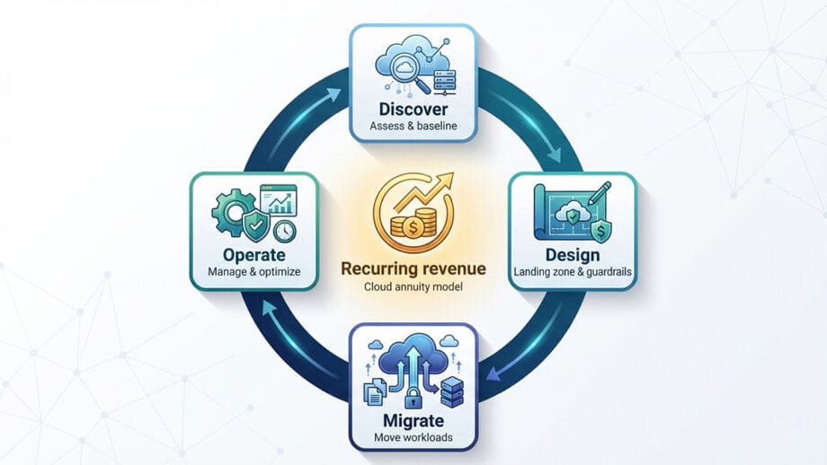 A four-stage cloud lifecycle – Discover, Design, Migrate, Operate – turns one-time projects into recurring revenue.