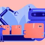 Illustration of a robot and a person handling large packages on a conveyor belt with a robotic arm.