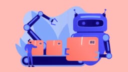 Illustration of a robot and a person handling large packages on a conveyor belt with a robotic arm.