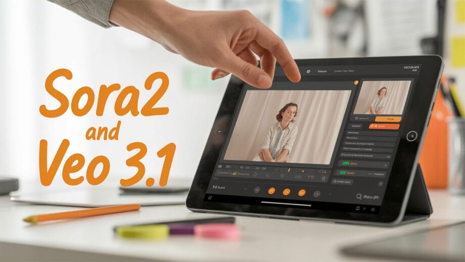 A hand touches a tablet screen displaying video editing software, with the text Sora2 and Veo 3.1 in orange on the left side.